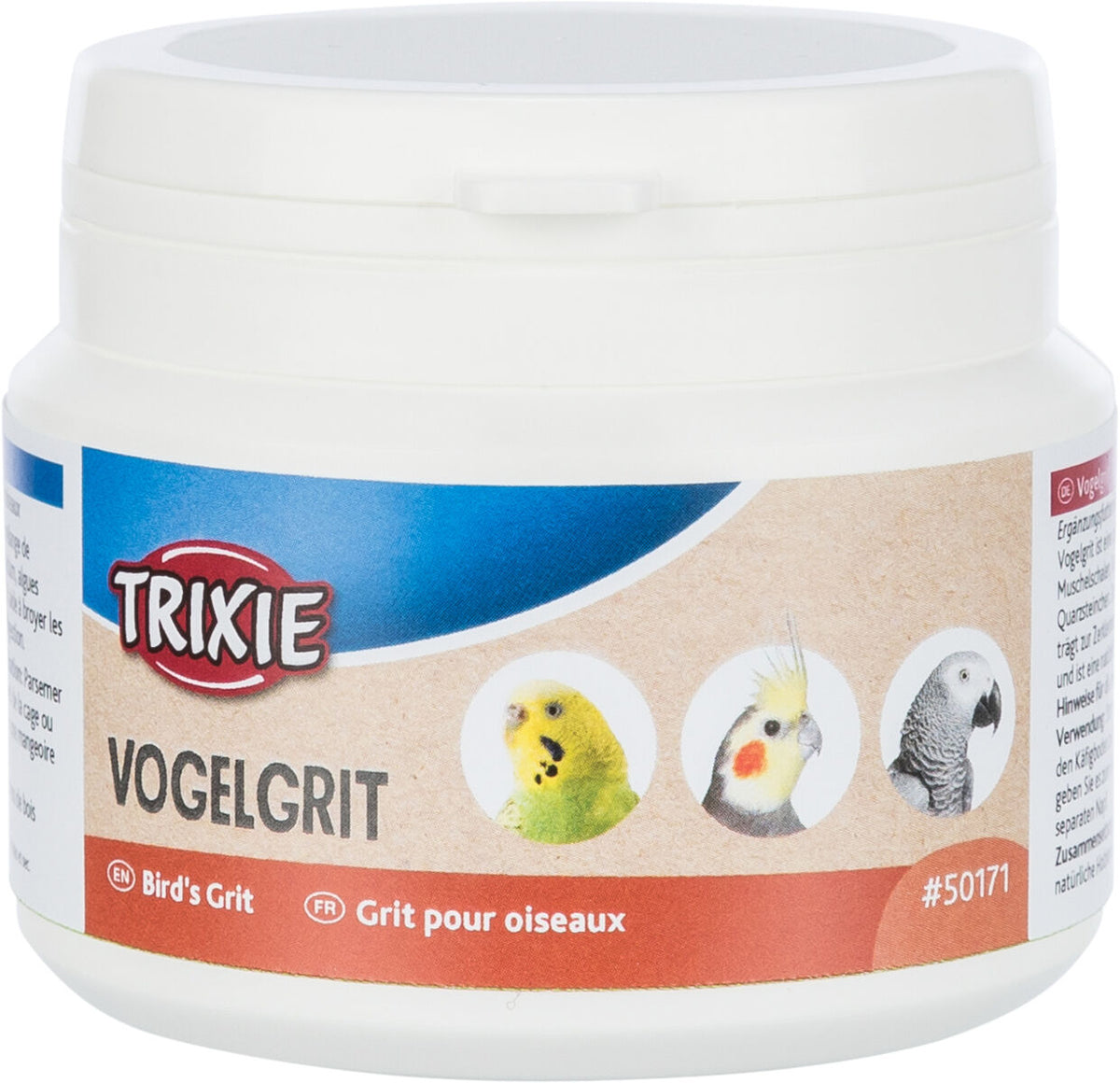 Ein rundes weißes Gefäß mit blauem Etikett von Trixie, darauf "Vogelgrit" und Bilder von drei Vögeln.