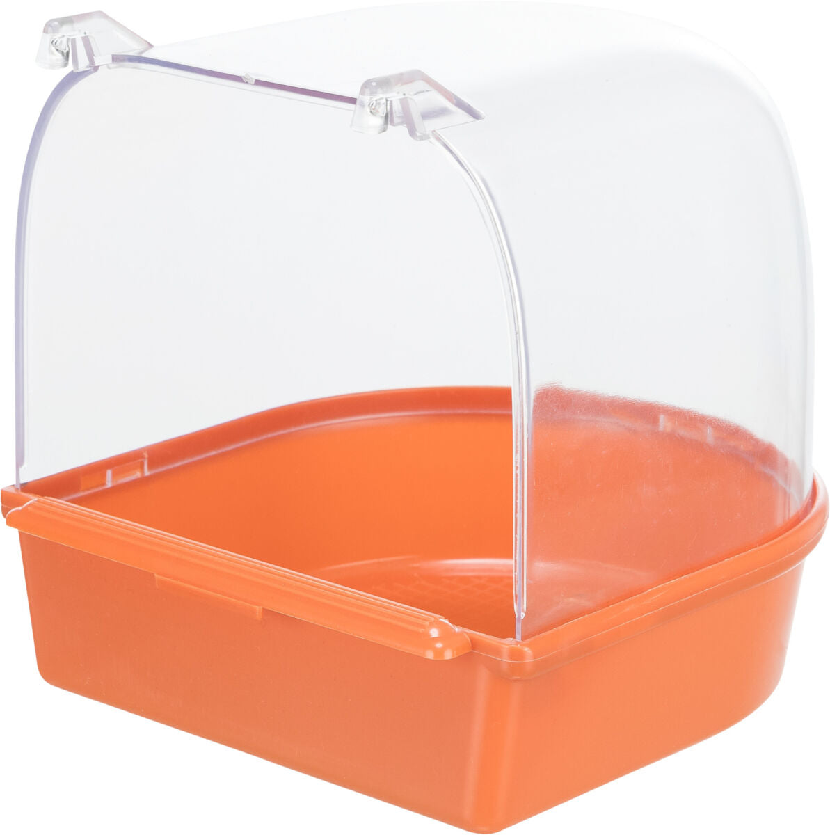 Orange Plastikbehälter mit transparenter, gewölbter Abdeckung, ohne sichtbare Öffnungen oder Griffe.