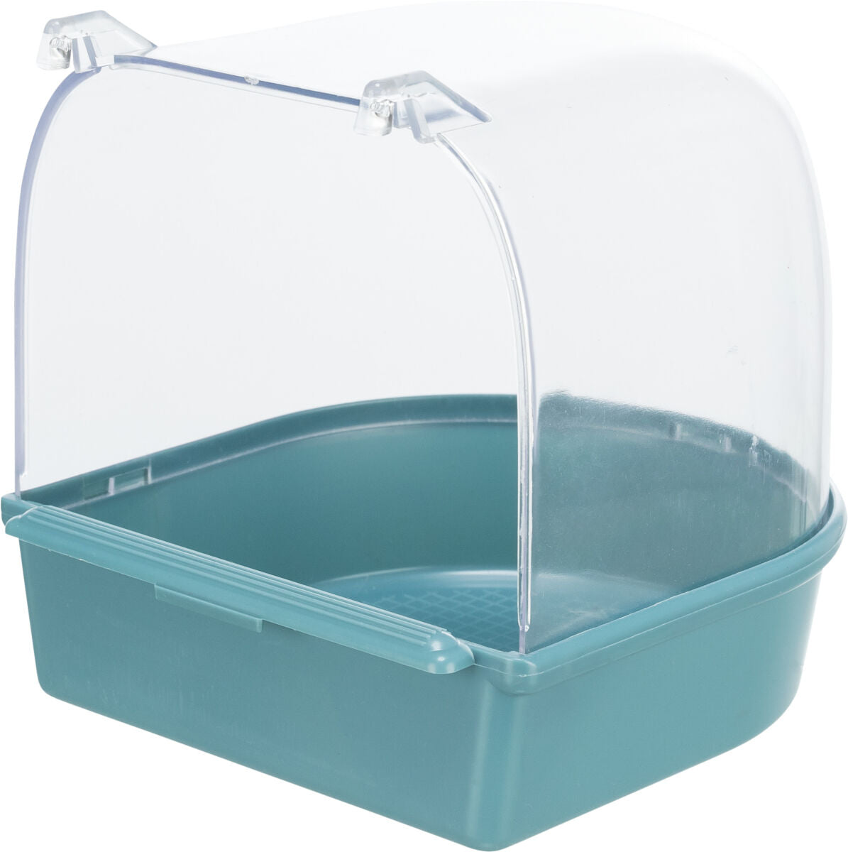 Transparente Katzenstreu mit Haube und unterem Behälter in Türkis mit klarer Abdeckung.