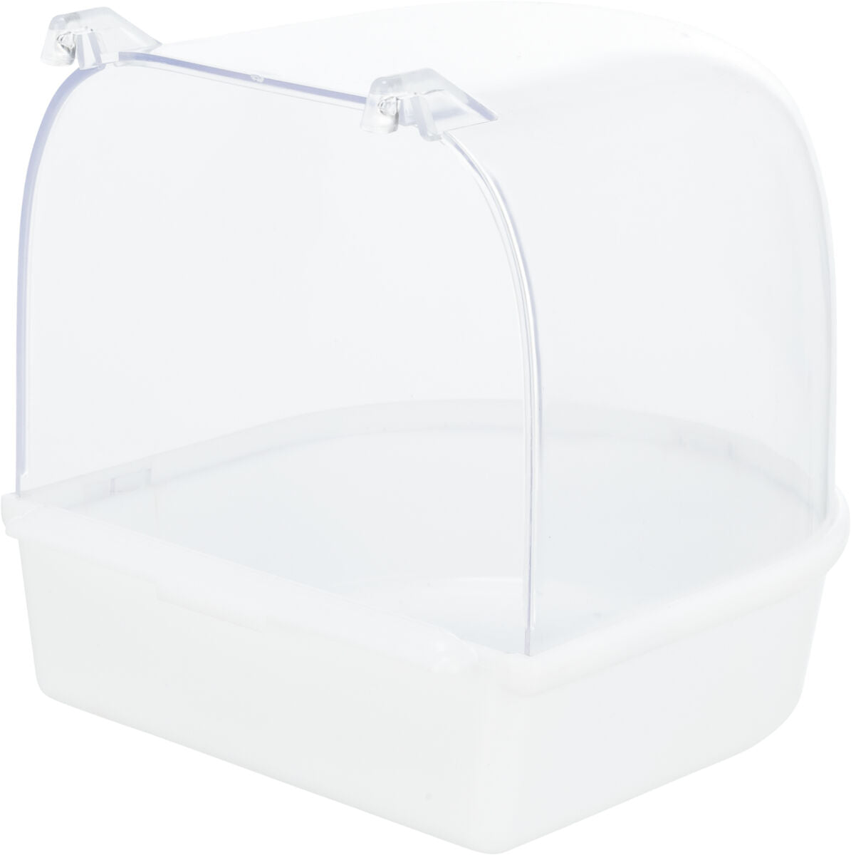 Weiße Kunststoffbox mit transparenter, gewölbter Abdeckung und zwei kleinen Scharnieren oben.