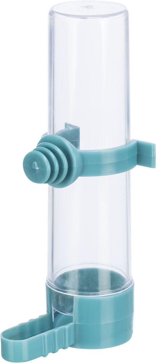 Ein transparenter, zylindrischer Behälter mit blauer Halterung und Befestigungsclip.