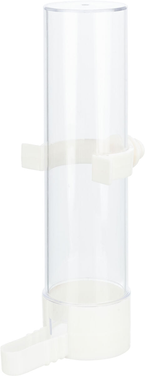 Transparenter, zylindrischer Behälter mit weißem Boden und seitlichen Clips zur Befestigung.