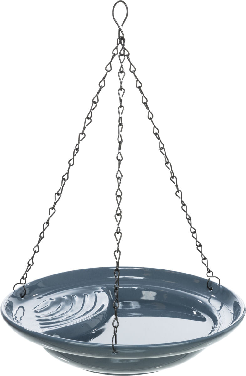 Graue hängende Schale aus Metall mit Kettenaufhängung und Haken, glänzende Oberfläche, einfache Gestaltung.