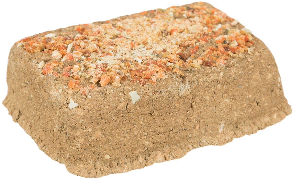 Rechteckiger, brauner Block mit zerbröckelter Oberfläche und sichtbaren rot-orangefarbenen Körnern.
