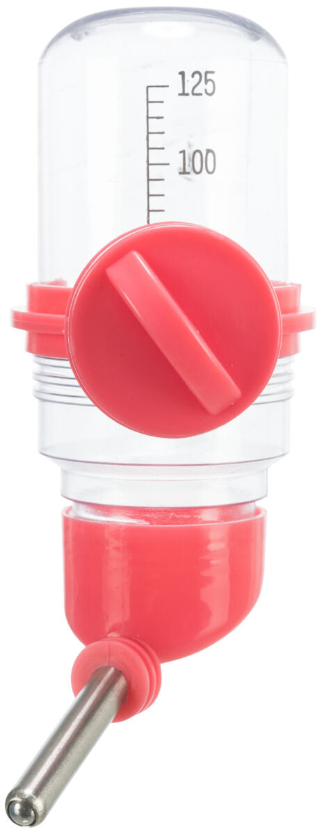 Durchsichtige Trinkflasche mit rosa Verschluss und Messangaben bis 125 ml, Trinkröhrchen unten.