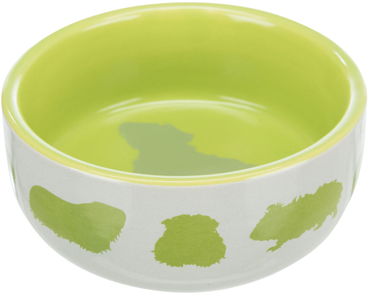 Grüne Futterschale mit Innenbeschichtung und Tiermotiven außen.