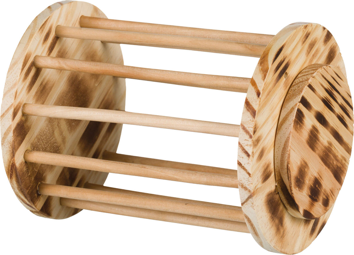 Holzspielzeug in Form eines Zylinders mit runden Endplatten und mehreren parallel verlaufenden Stäben.