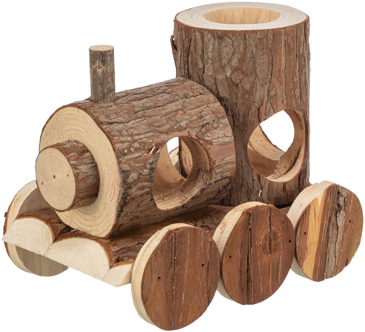 Holzspielzeug in Form eines Zuges mit offenen Kreisen und natürlicher Baumrindenstruktur.
