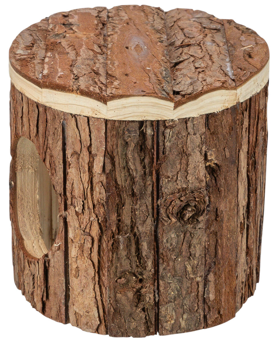 Runde Holzhöhle aus Baumrinde mit seitlicher Öffnung, braune natürliche Oberflächenstruktur.