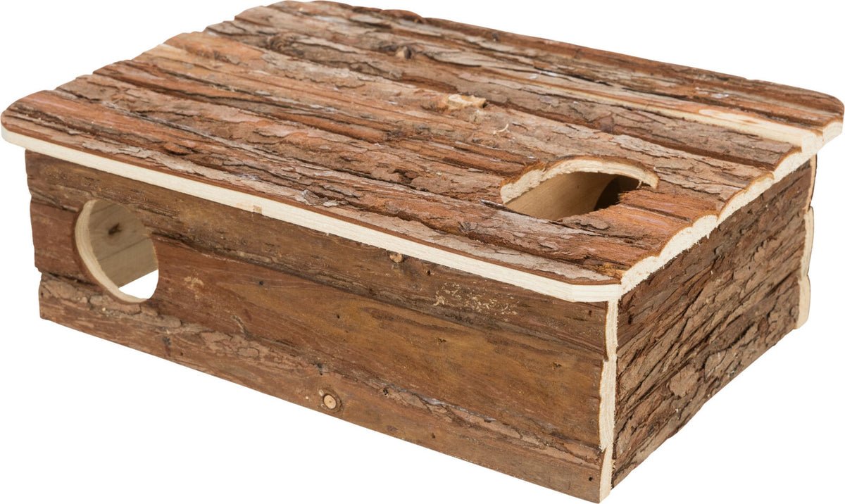 Holzbox mit Rindenoberfläche, rechteckig, mit zwei runden Eingängen an den Seiten und einer Öffnung oben.