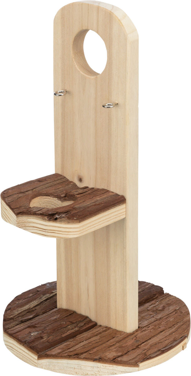 Holzständer mit runder Basis und gebogener Rückwand, darauf eine kleine Plattform mit natürlicher Holzstruktur.