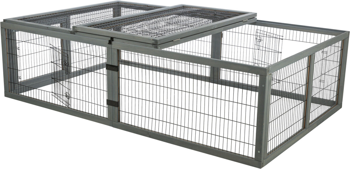 Rechteckiger, grauer Metallkäfig mit Gitterseiten und klappbaren Deckelteilen auf hellem Hintergrund.