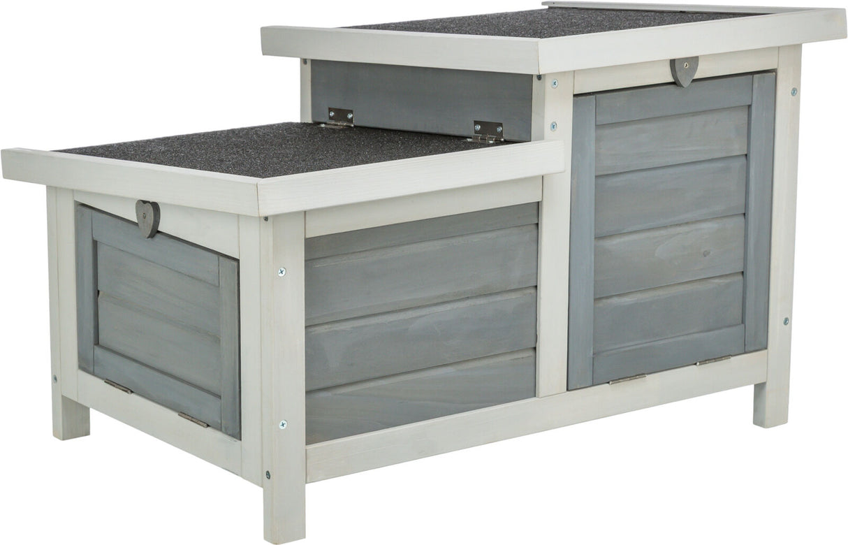 Holzschrank mit grauen und weißen Paneelen, zwei Klappen oben, und Herzdetail an der Front.