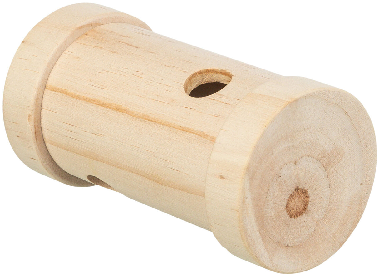 Zylinderförmiges Holzobjekt mit zwei Löchern und glatter Oberfläche, natürliche Holzmaserung sichtbar.