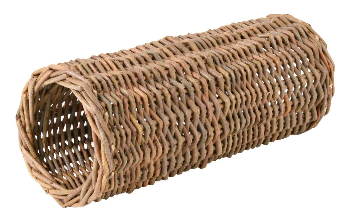 Geflochtener Tunnel aus braunem Weidengeflecht, zylindrische Form, natürliche Textur.
