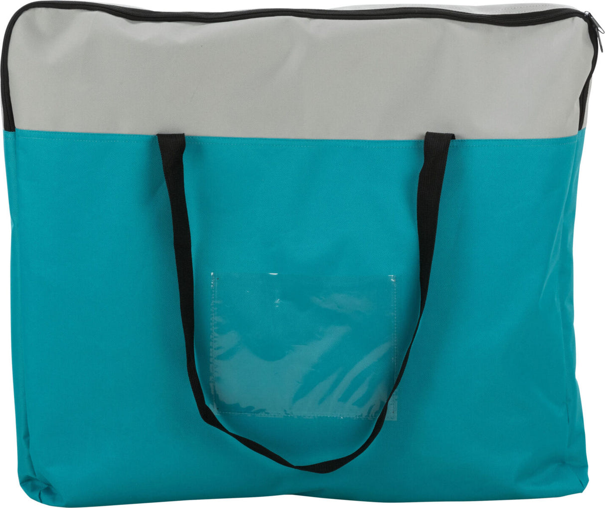 Eine große, rechteckige Tasche in Türkis mit schwarzen Tragegriffen und einem transparenten Fach vorne.
