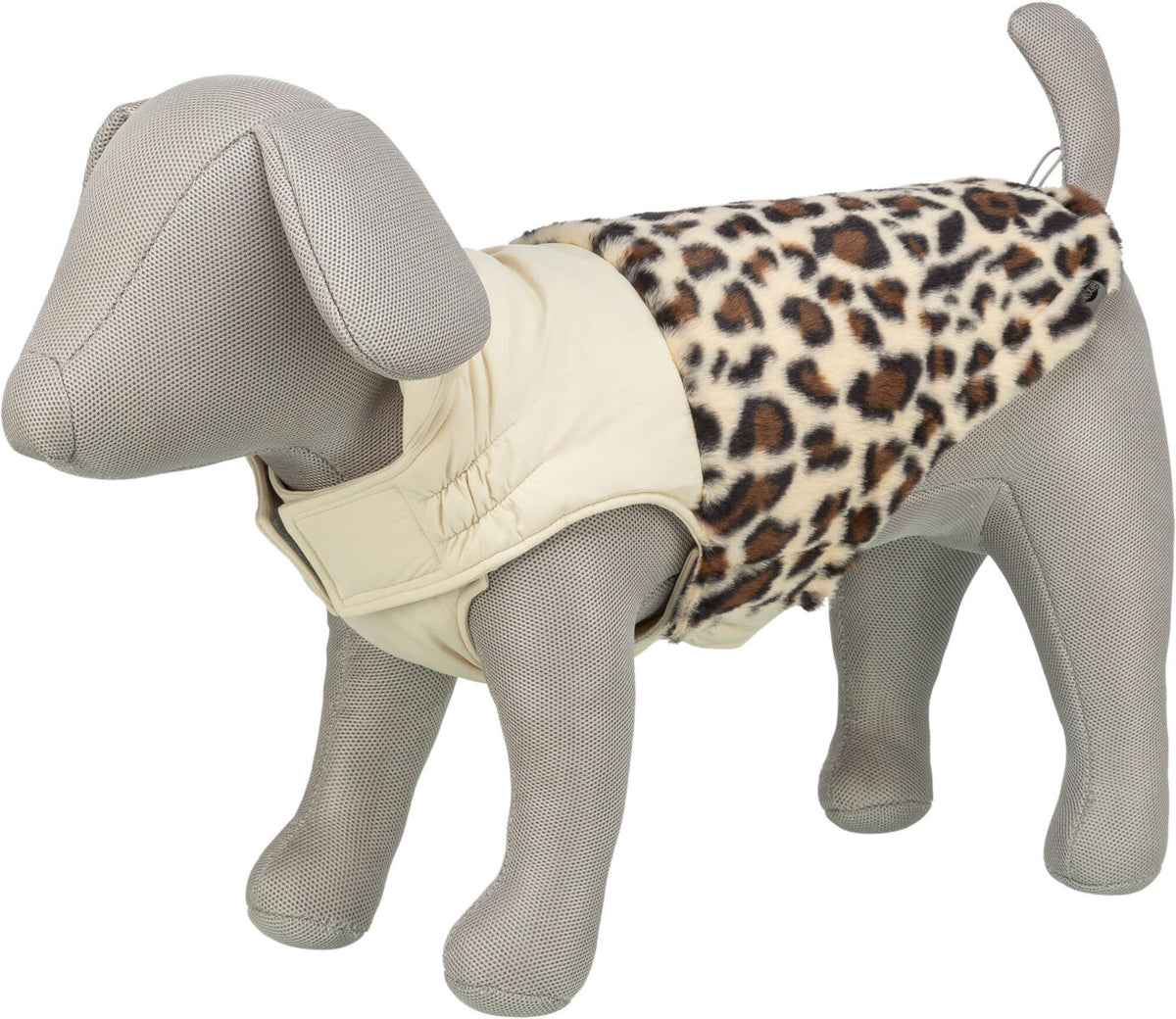 Stoffhund mit beige-braunem Mantel in Leopardenmuster.