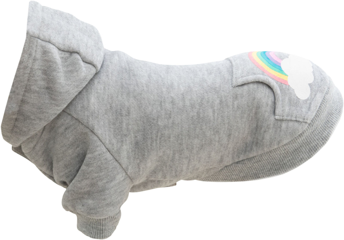 Grauer Hunde-Pullover mit Kapuze und Regenbogenmotiv auf dem Rücken, weicher Stoff, gerippte Bündchen.
