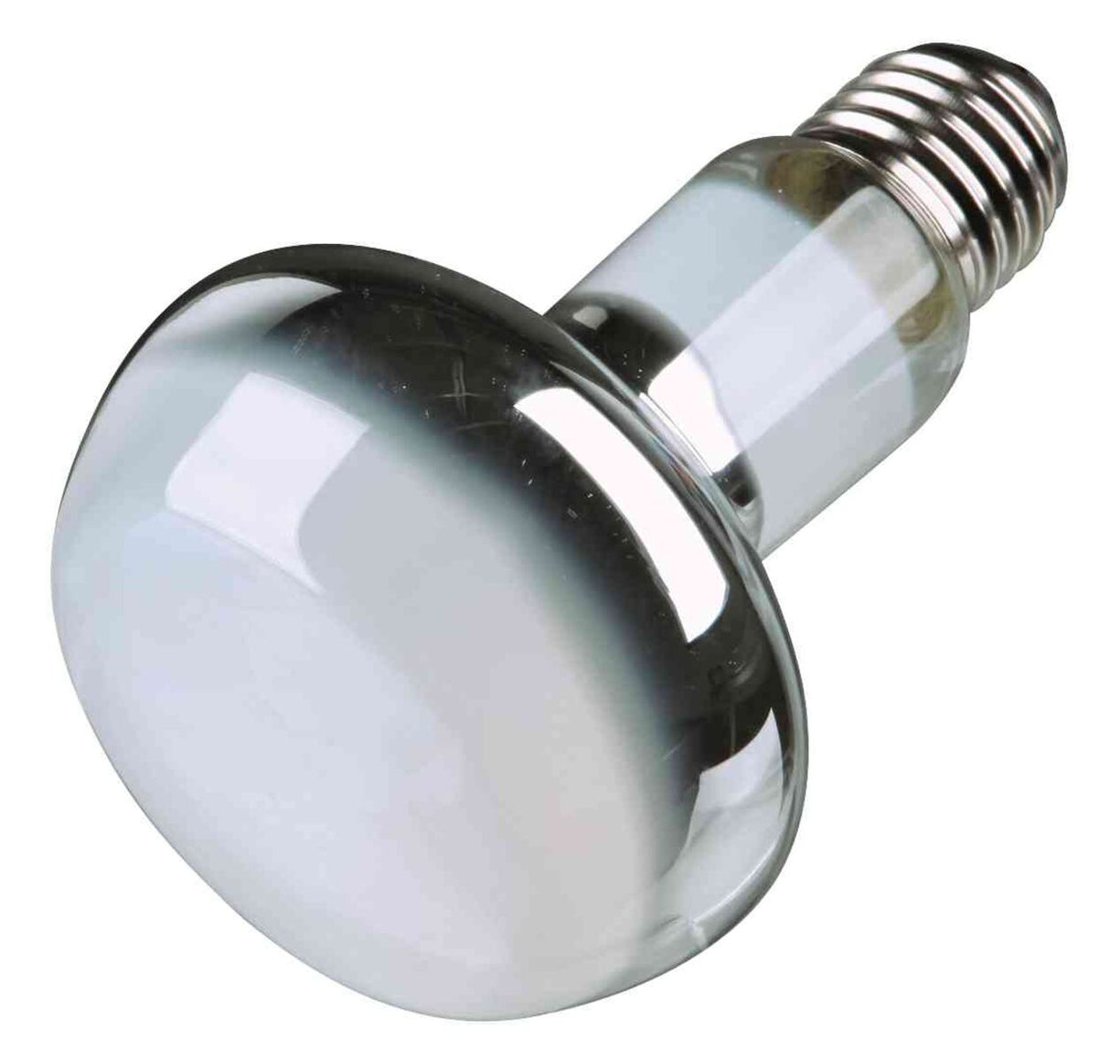Silberne, runde Glühbirne mit glattem, reflektierendem Kopf und Schraubsockel aus Metall.
