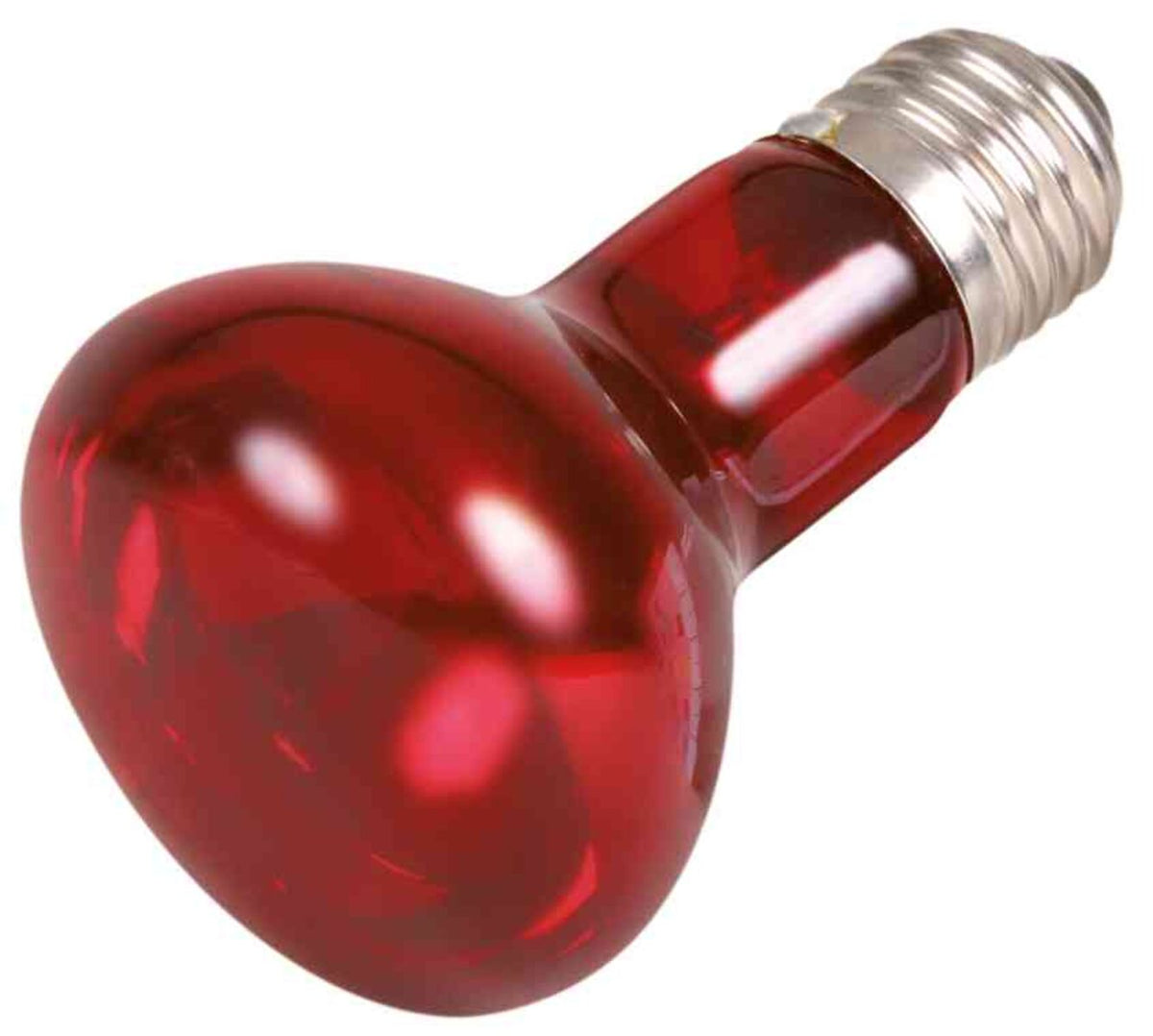 Eine rote Glühbirne mit reflektierenden Oberflächen und einem silbernen Schraubsockel in Nahaufnahme.