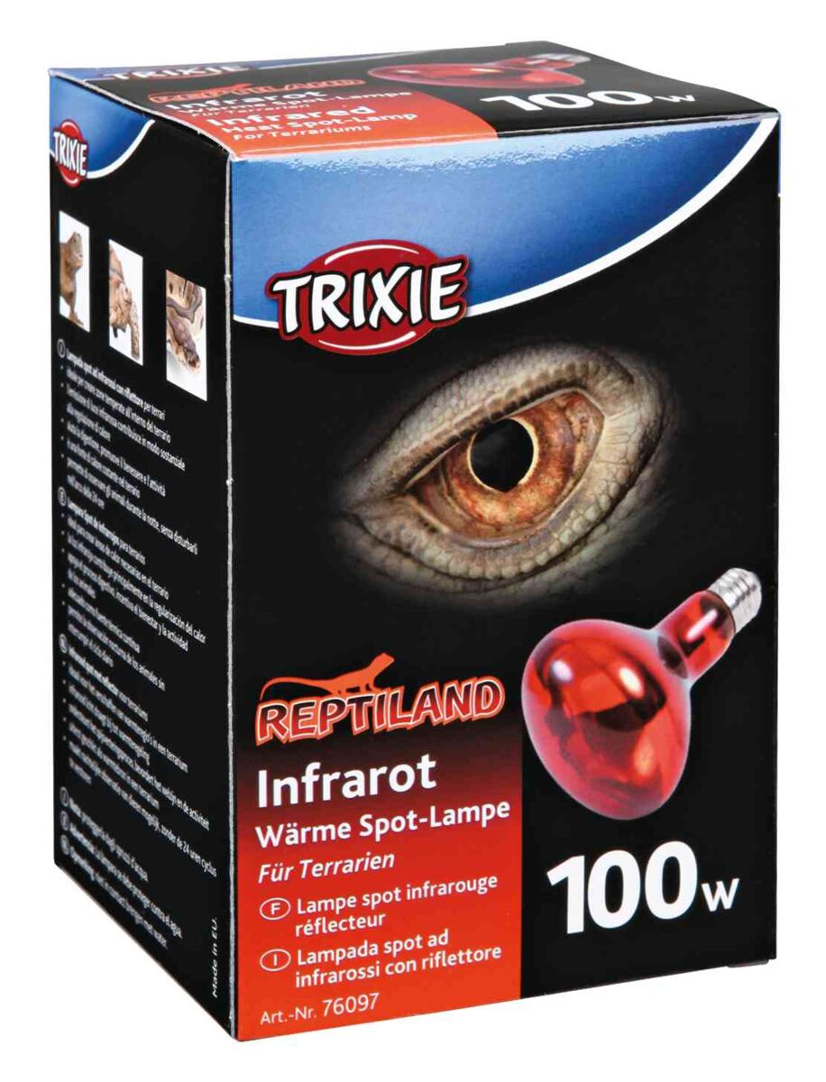 Trixie Reptiland Infrarot-Wärme-Spot-Lampe für Terrarien 100 W, rote Verpackung mit Tieraugenmotiv.