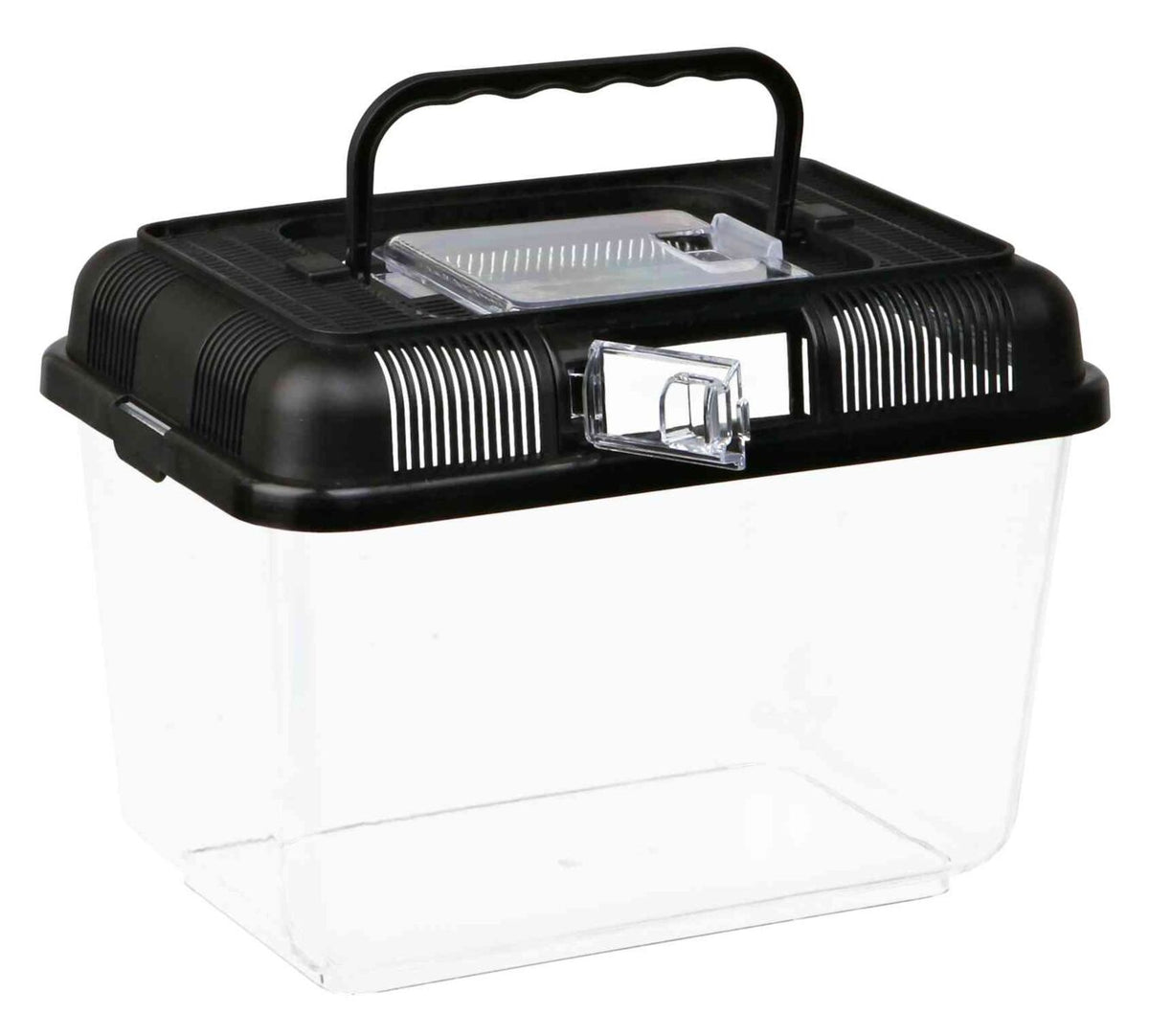 Eine durchsichtige Transportbox mit schwarzem Deckel und Tragegriff, rechteckige Form mit Belüftungsschlitzen.