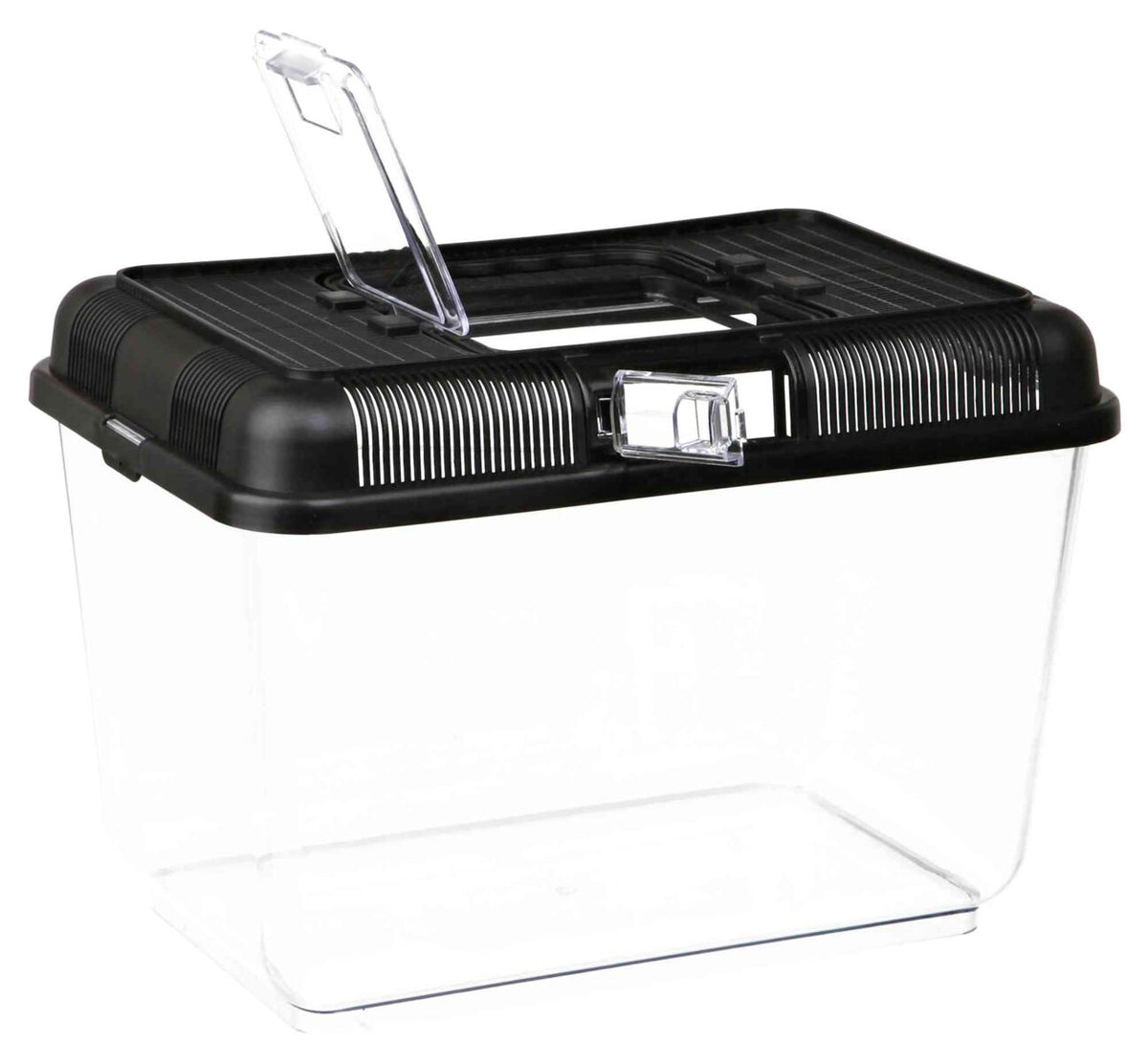 Transparenter Kunststoffbehälter mit schwarzem, abnehmbarem Deckel und Klappöffnung, rechteckige Form.