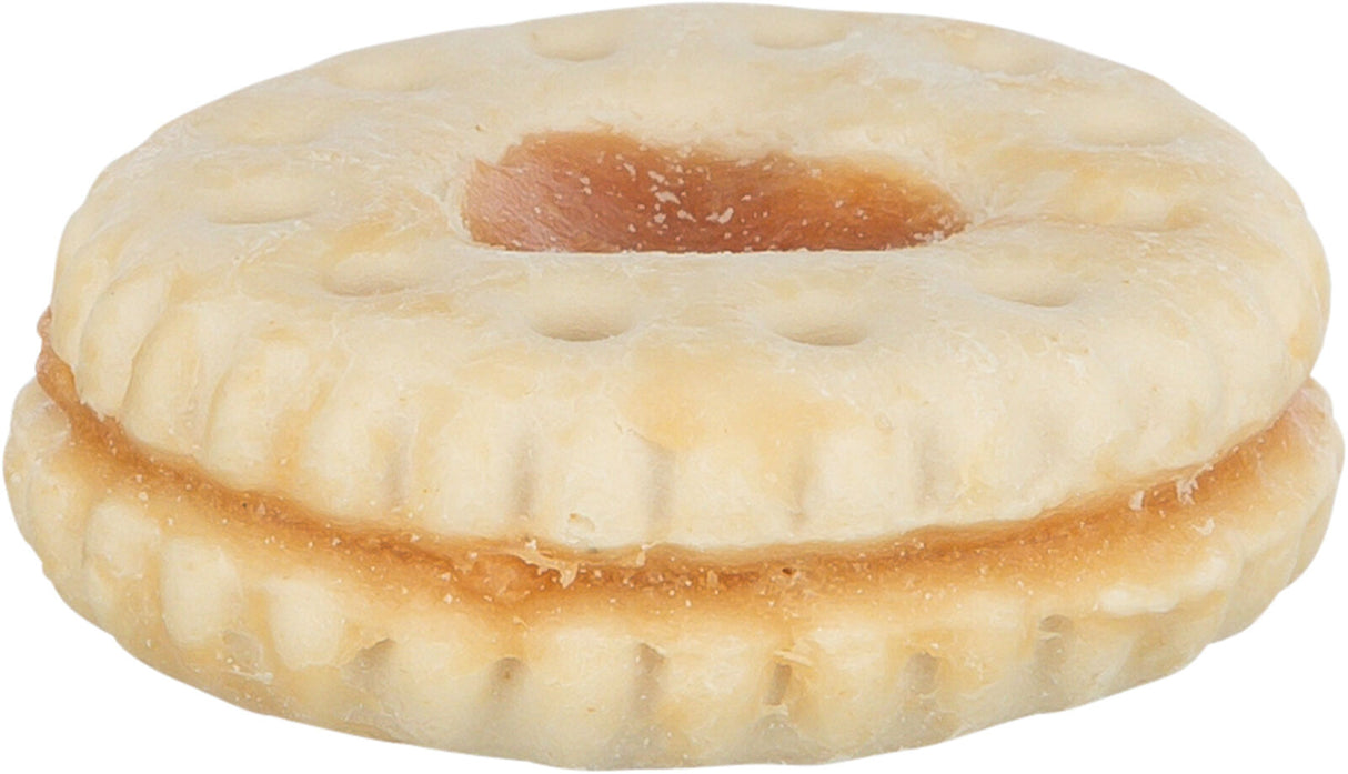 Rundes, beige-weißes Keks-Sandwich mit Loch in der Mitte und hellem Füllrand.