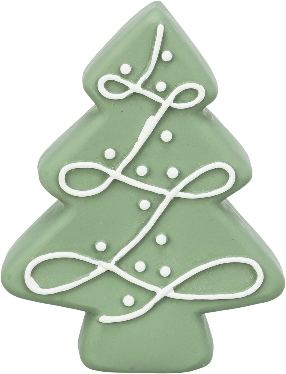 Grüner Tannenbaum aus Kunststoff mit weißem Muster aus Punkten und Schleifen auf der Oberfläche.
