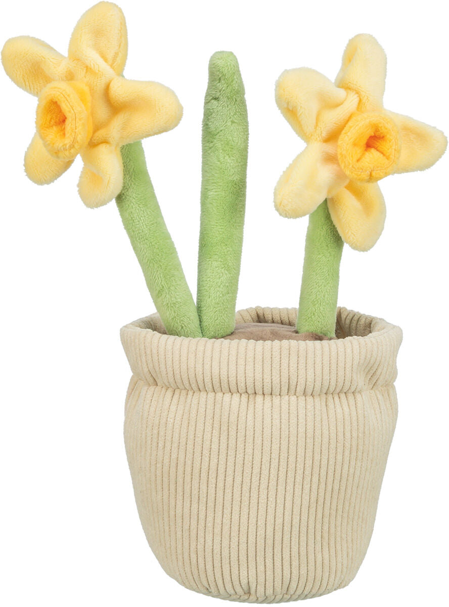 Zwei gelbe Plüschblumen mit grünen Stielen stehen in einem beigen, gerippten Stofftopf.