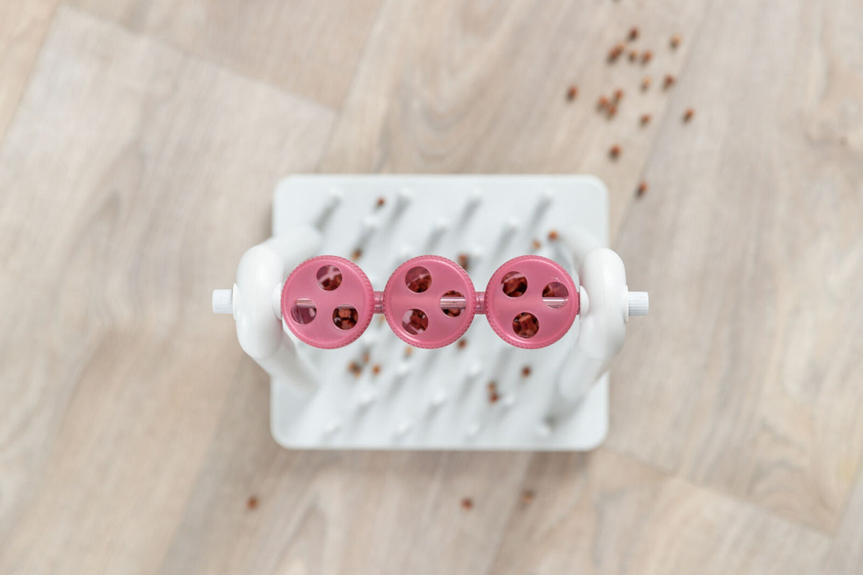 Weißer Ständer mit drei rosa drehbaren Scheiben, auf denen kleine braune Objekte platziert sind.