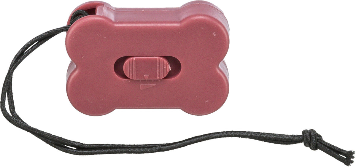 Rotes, knochenförmiges Plastikgehäuse mit einem schwarzen Band, einem Schieber in der Mitte.
