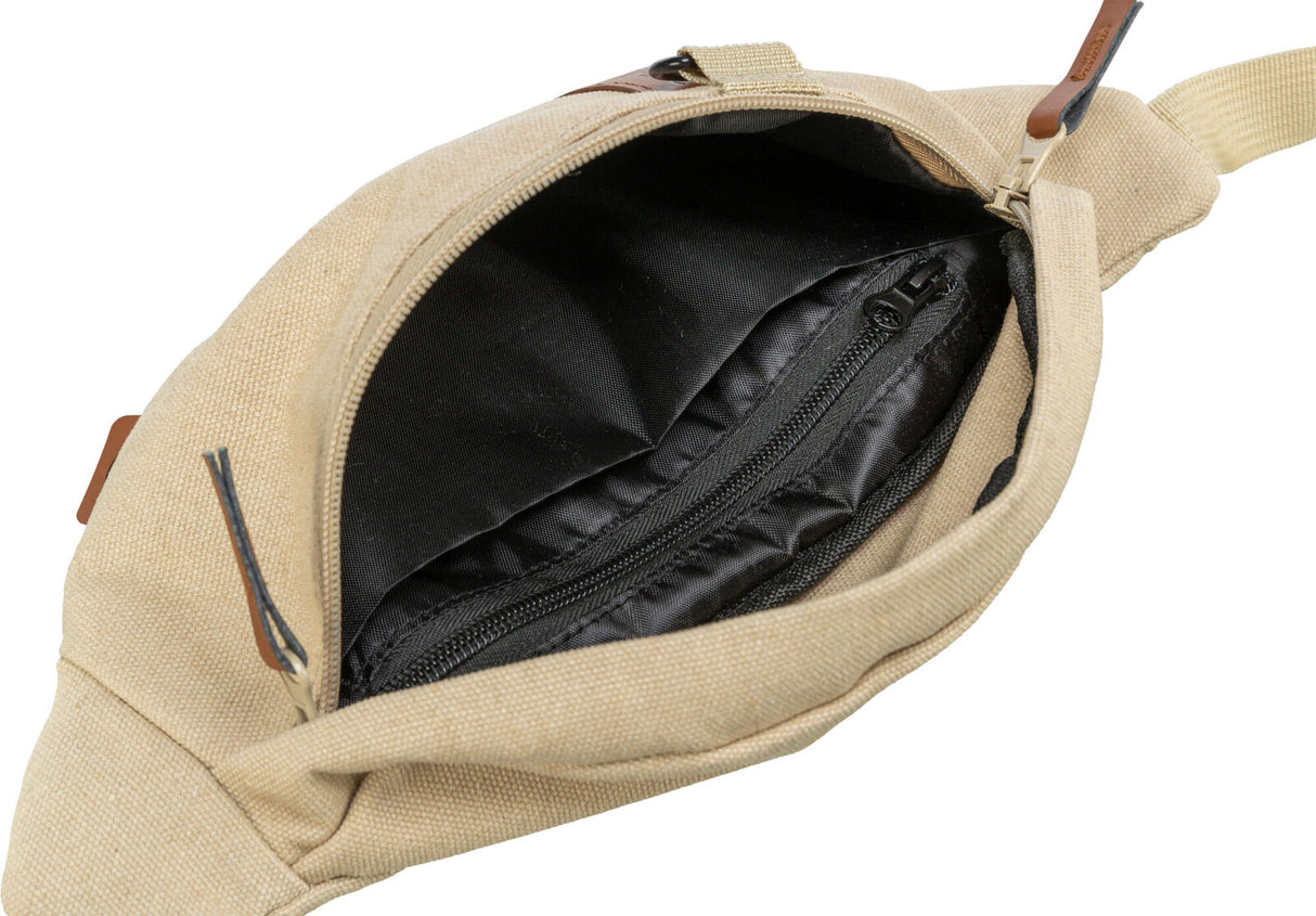 Offene beigen Tasche mit Reißverschluss, schwarzes Innenfutter sichtbar, einfache Gestaltung.