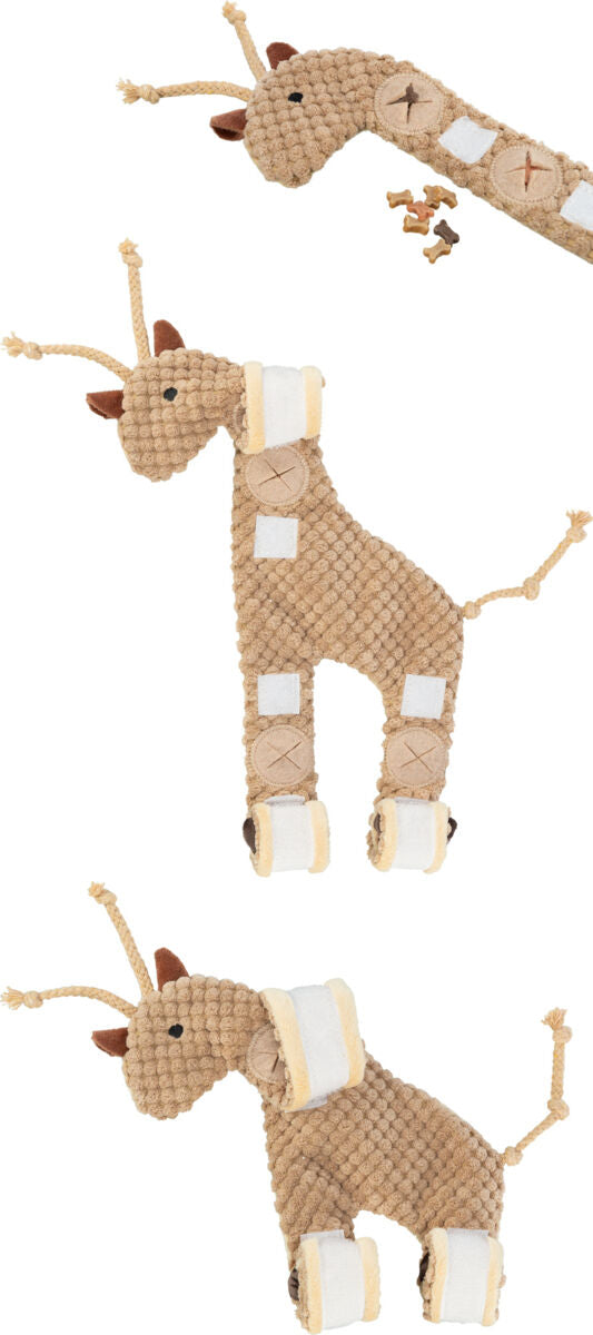 Beiges, texturiertes Spielzeug in Form einer Giraffe mit langen Beinen und Hals, Details aus Seil, kleinen Knochenförmigen Belohnungen.