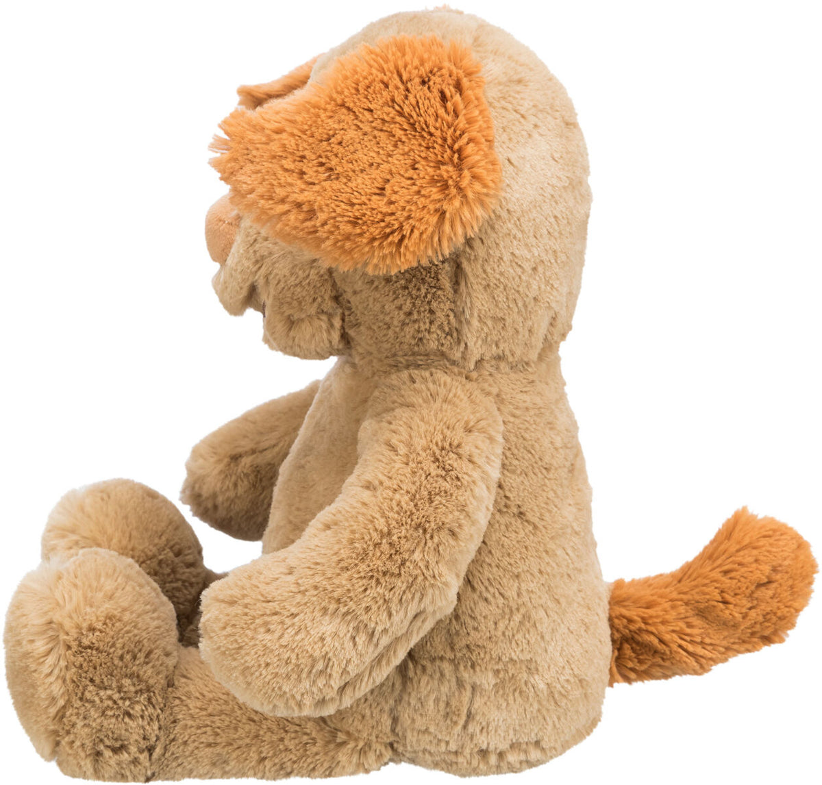 Plüschfigur eines sitzenden Hundes in Braun- und Orangetönen, seitlich abgebildet.