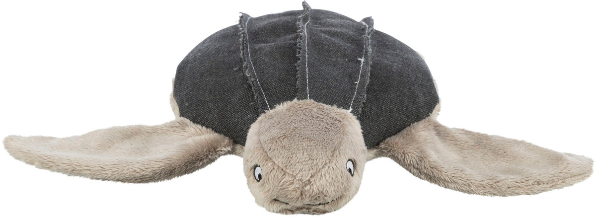 Plüschtiertier in Form einer Schildkröte mit beigem Plüschkörper, breiten Flossen und grauem Rückenpanzer.
