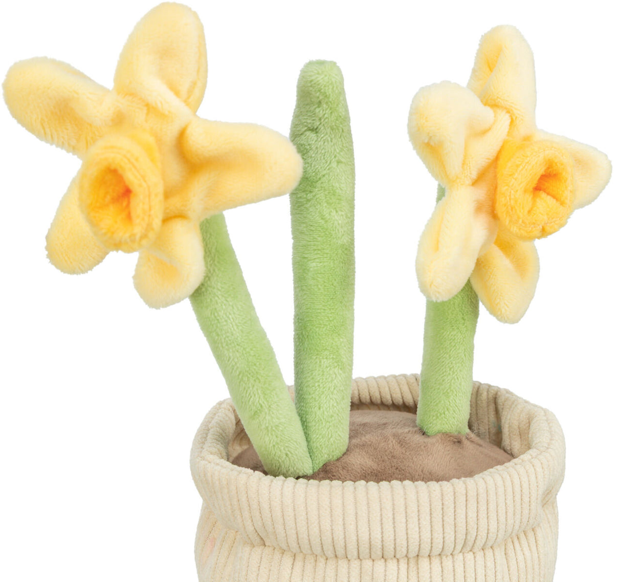 Weiche Plüschblumen in Gelb und Grün in einem hellen, gerippten Topf.