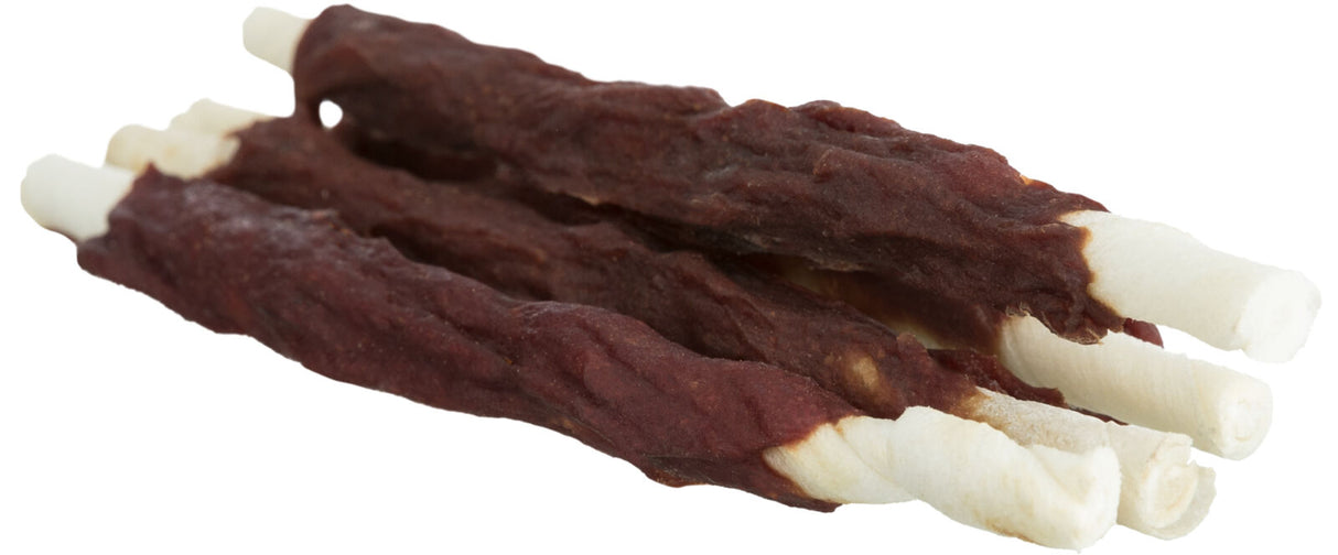 Mehrere längliche Hundekausnacks mit weißem Inneren und brauner Umhüllung.