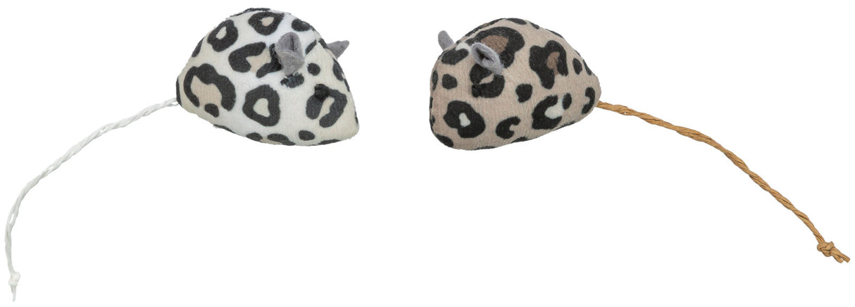Zwei Spielzeugmäuse mit Leopardenmuster, eine weiß und eine beige, mit langen geflochtenen Schwänzen.
