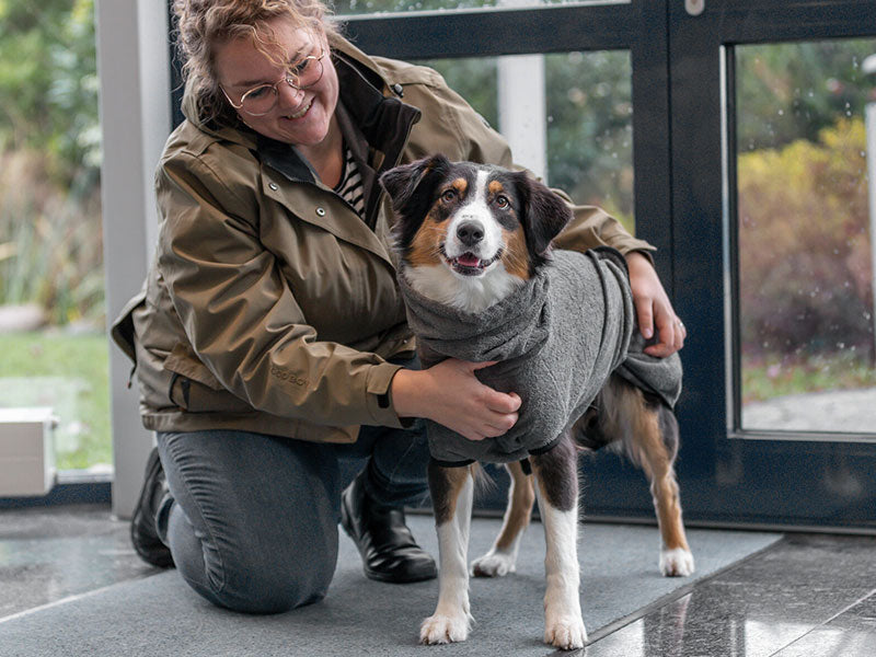 Frau zieht einem Hund mit dunklem Fell einen grauen Hundemantel im Eingangsbereich an