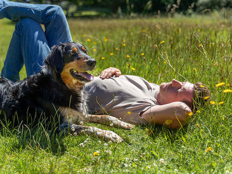 Mann liegt entspannt auf einer Wiese, neben ihm liegt ein Hund mit heraushängender Zunge.