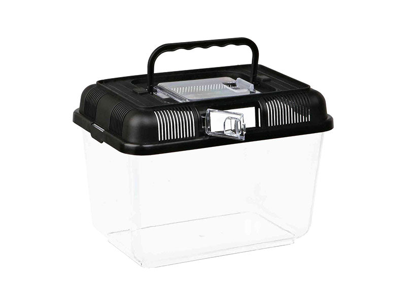 Transparente Transportbox mit schwarzem Deckel, Lüftungsschlitzen und Tragegriff.