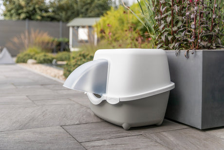 Neben einem Pflanzkübel, auf grauen Bodenfliesen steht eine grau-weiße Katzentoilette mit Deckel in einem Garten.