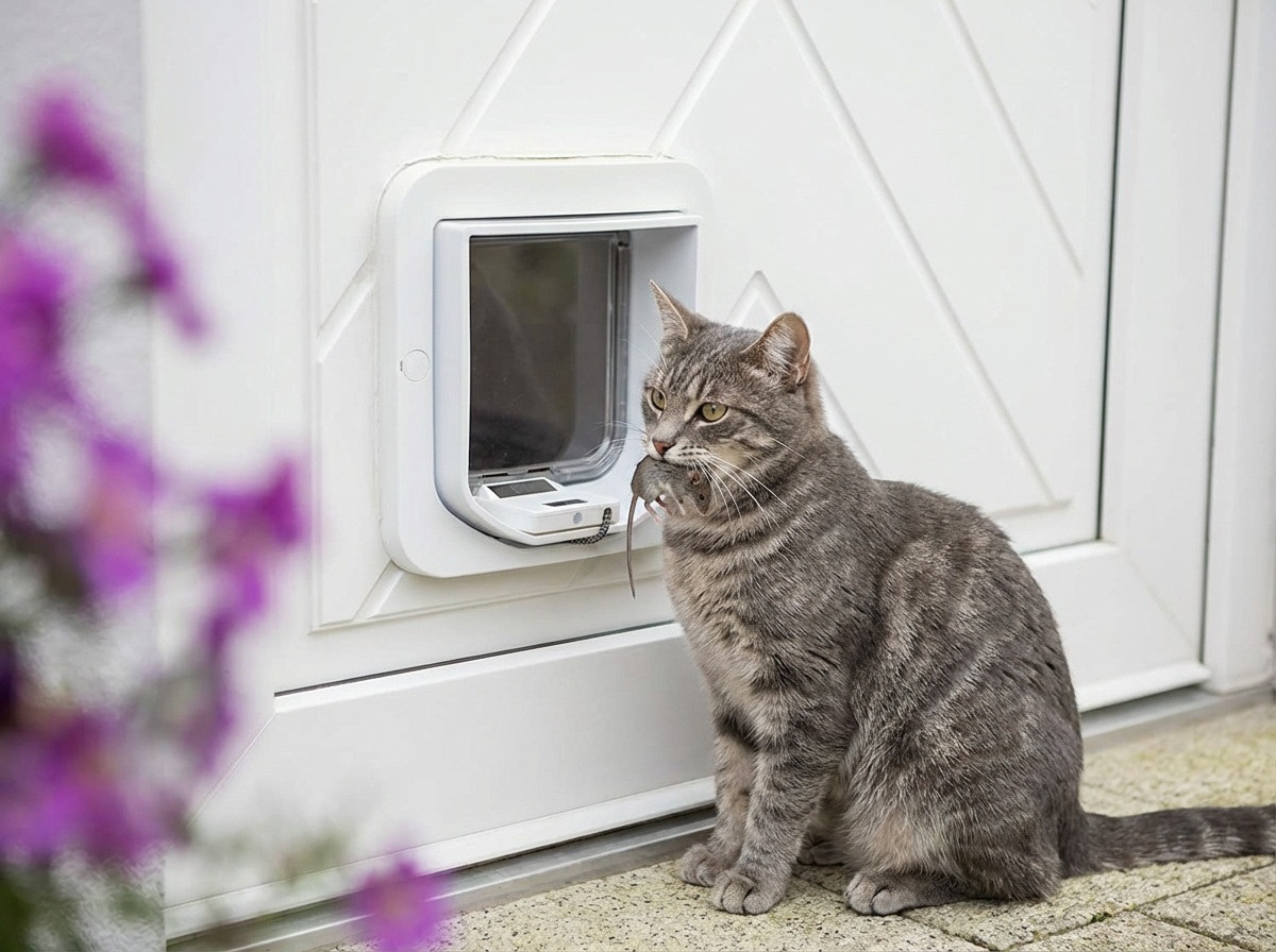 Braun-getigerte Katze vor Katzentür mit Maus, umgeben von Blumen.