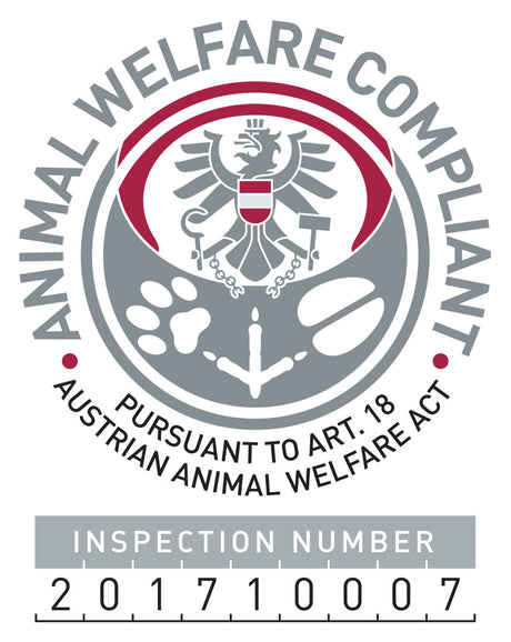 Siegel mit Adler und österreichischem Wappen, Text "Animal Welfare Compliant" und "Inspection Number 201710007".