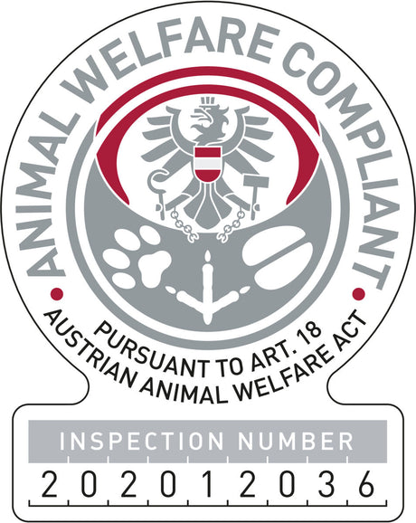 Rundes Siegel mit Adlerbild, umgeben von Text "Animal Welfare Compliant" und "Austrian Animal Welfare Act".