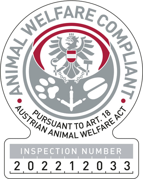 Siegel mit österreichischem Wappen und englischem Text "Animal Welfare Compliant" und Prüfnummer 202212033.