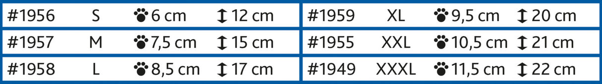 Beschreibung einer Tabelle mit sechs Zeilen, die jeweils eine Nummer, eine Größe (S bis XXXL), und zwei Maße in Zentimetern anzeigen.