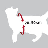 Silhouette einer Katze mit einem Pfeil und der Aufschrift "20–50 cm" auf grauem Hintergrund.