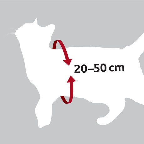 Silhouette einer Katze mit einem Pfeil und der Aufschrift "20–50 cm" auf grauem Hintergrund.